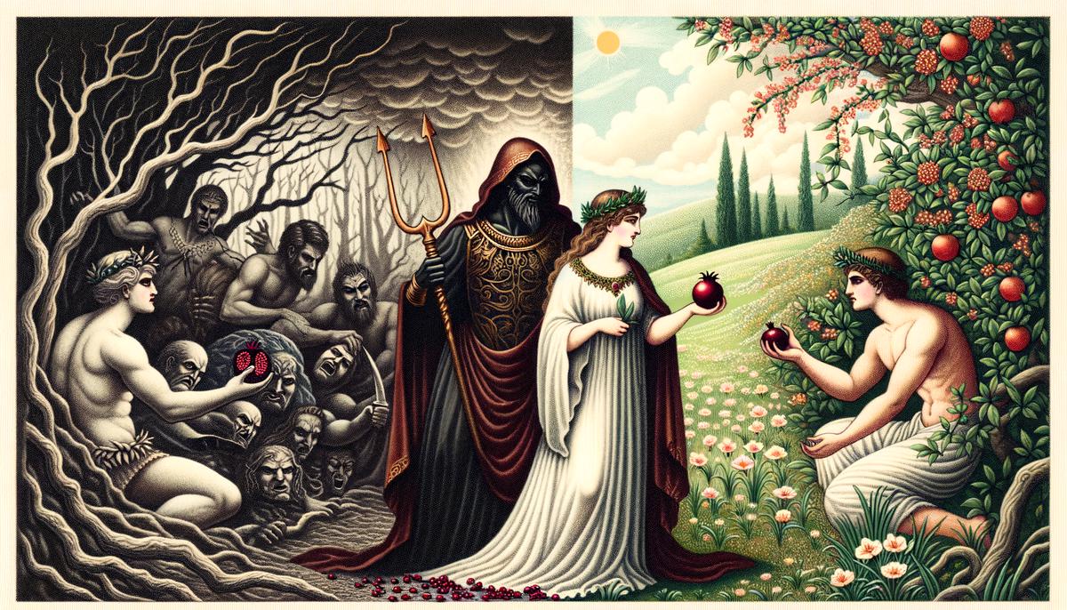Persephone divided between the Underworld and the surface world, representing the changing seasons