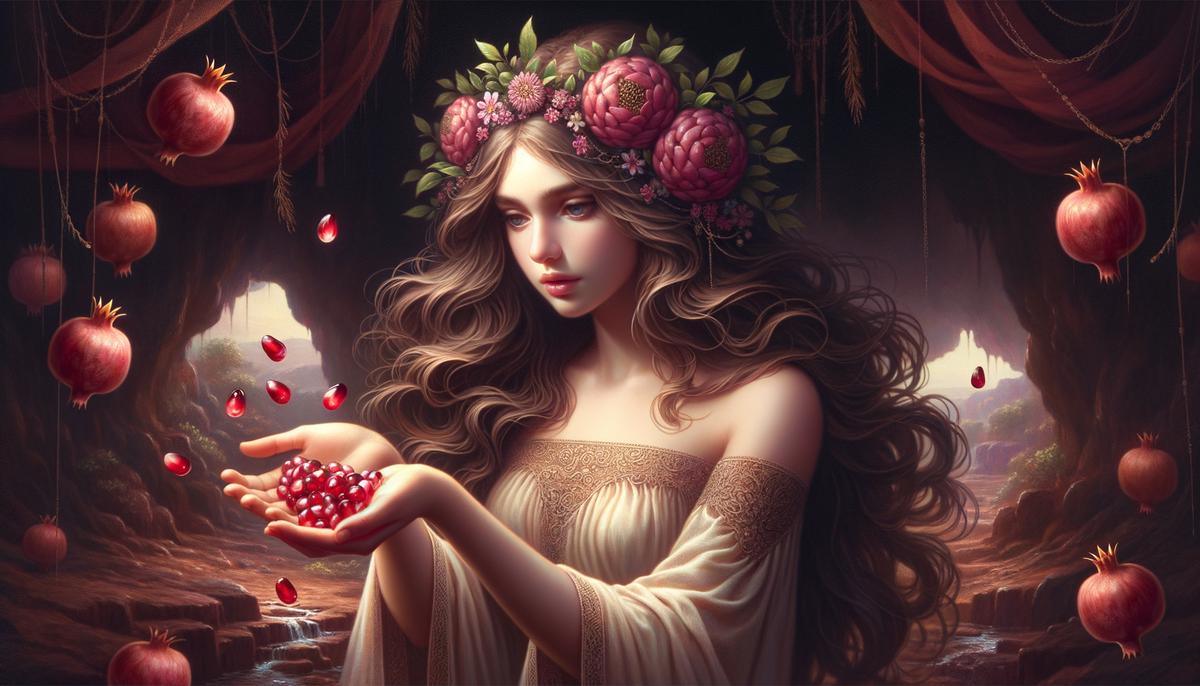 Persephone, goddess of spring, holding pomegranate seeds in her palm in the underworld