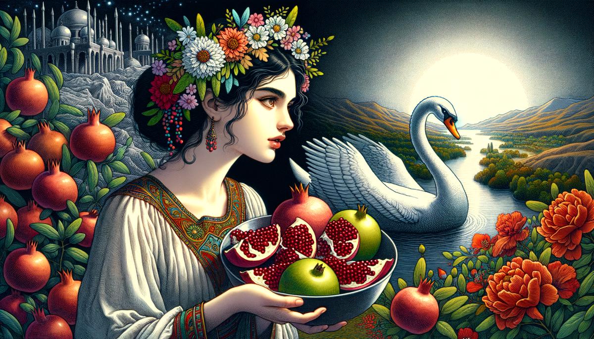 Persephone looking warily at a bowl of pomegranates while holding a tin-foil swan sandwich