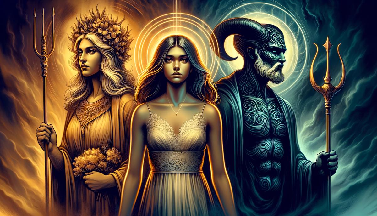Persephone standing between Demeter and Hades, representing her complex relationships