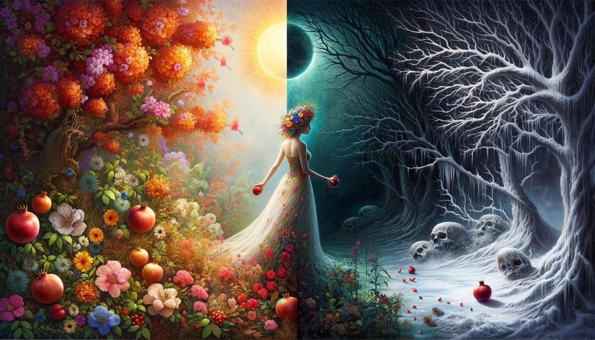 Persephone straddling the boundary between the lush upper world and the dark underworld, symbolizing the changing of seasons