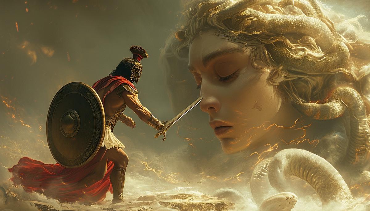 Perseus, armed with divine gifts, approaches the sleeping Medusa, his sword poised to strike as he uses Athena's polished shield to avoid her petrifying gaze.