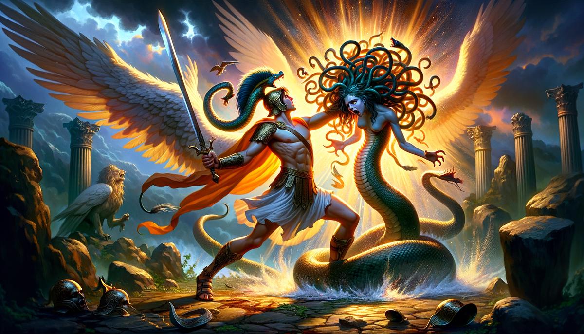 Perseus beheading the monster Medusa as the winged horse Pegasus emerges from her neck in a burst of light