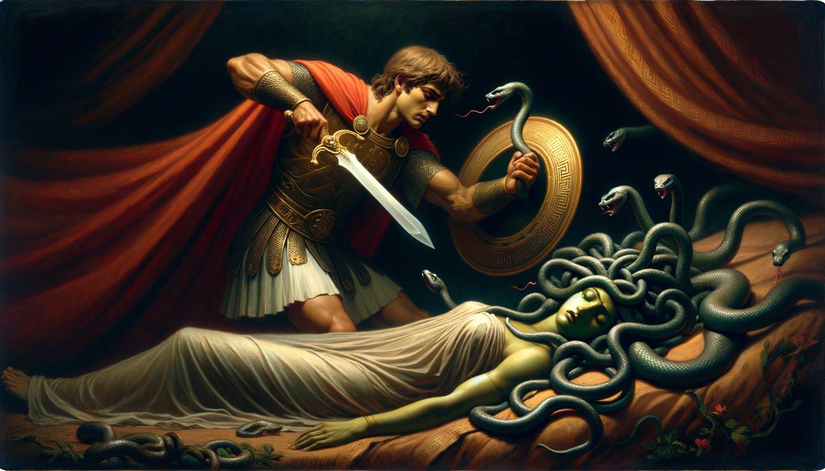 Perseus beheading the sleeping Medusa while looking at her reflection in his shield
