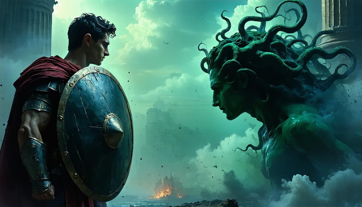Perseus cleverly using his shield to face Medusa without looking directly at her