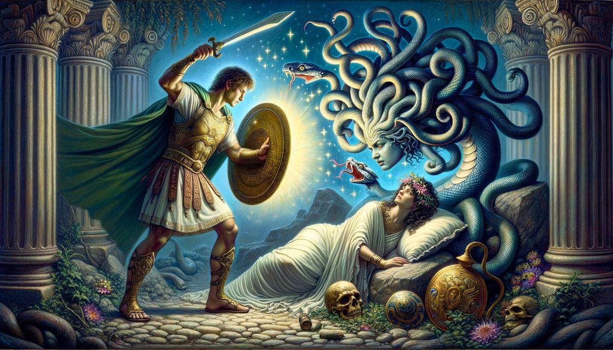 Perseus confronting Medusa, using Athena's polished shield as a mirror to avoid her petrifying gaze