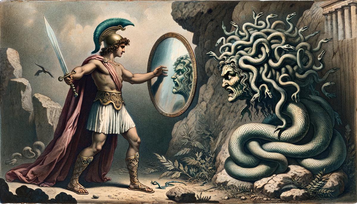 Perseus confronting Medusa using his shield as a mirror