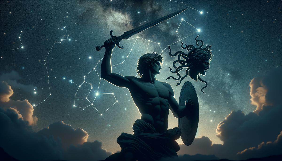 Perseus constellation with a faint outline of a hero holding Medusa's head