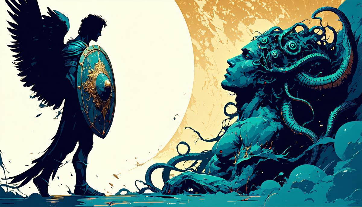 Perseus, equipped with winged sandals and a mirrored shield, cautiously approaches the sleeping Medusa
