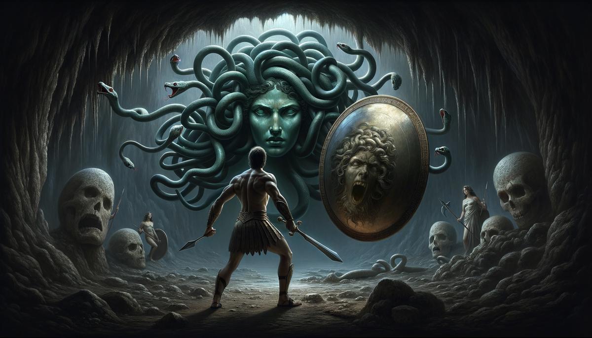 Perseus facing Medusa using Athena's reflective shield