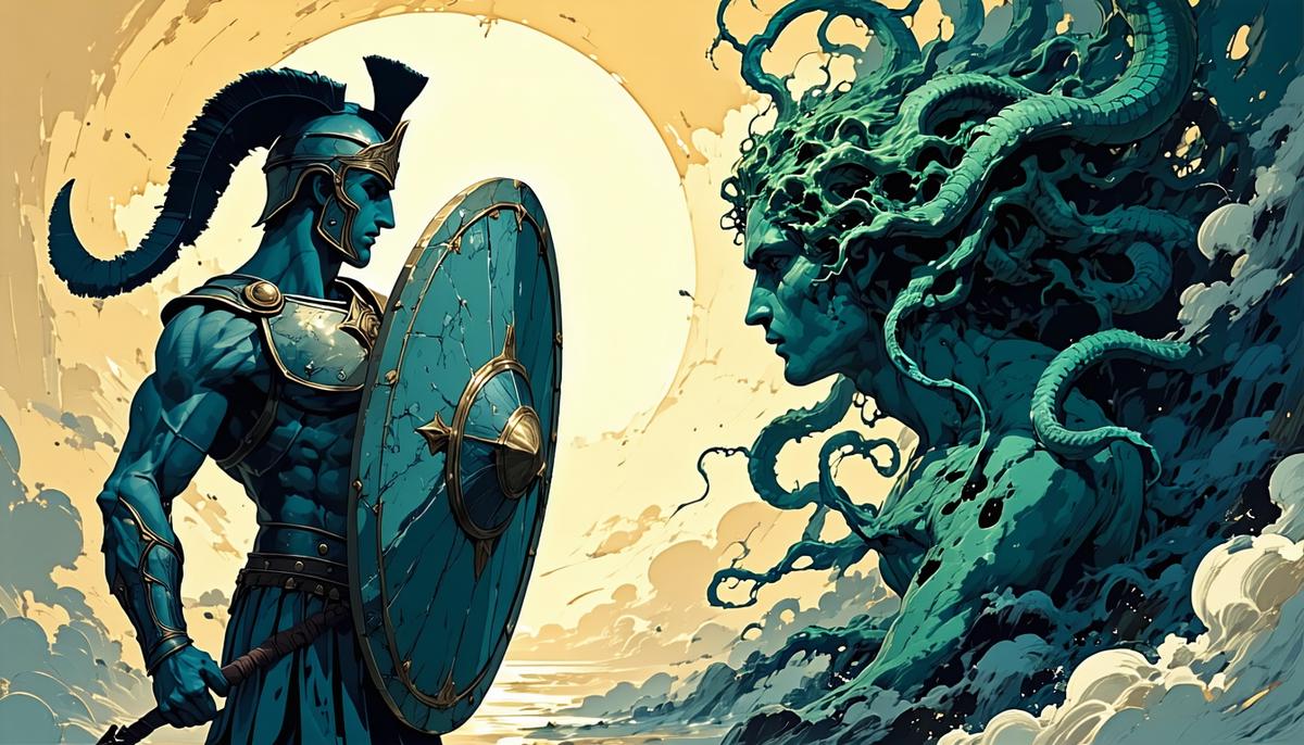 Perseus facing Medusa, using his shield as a mirror to avoid her petrifying gaze