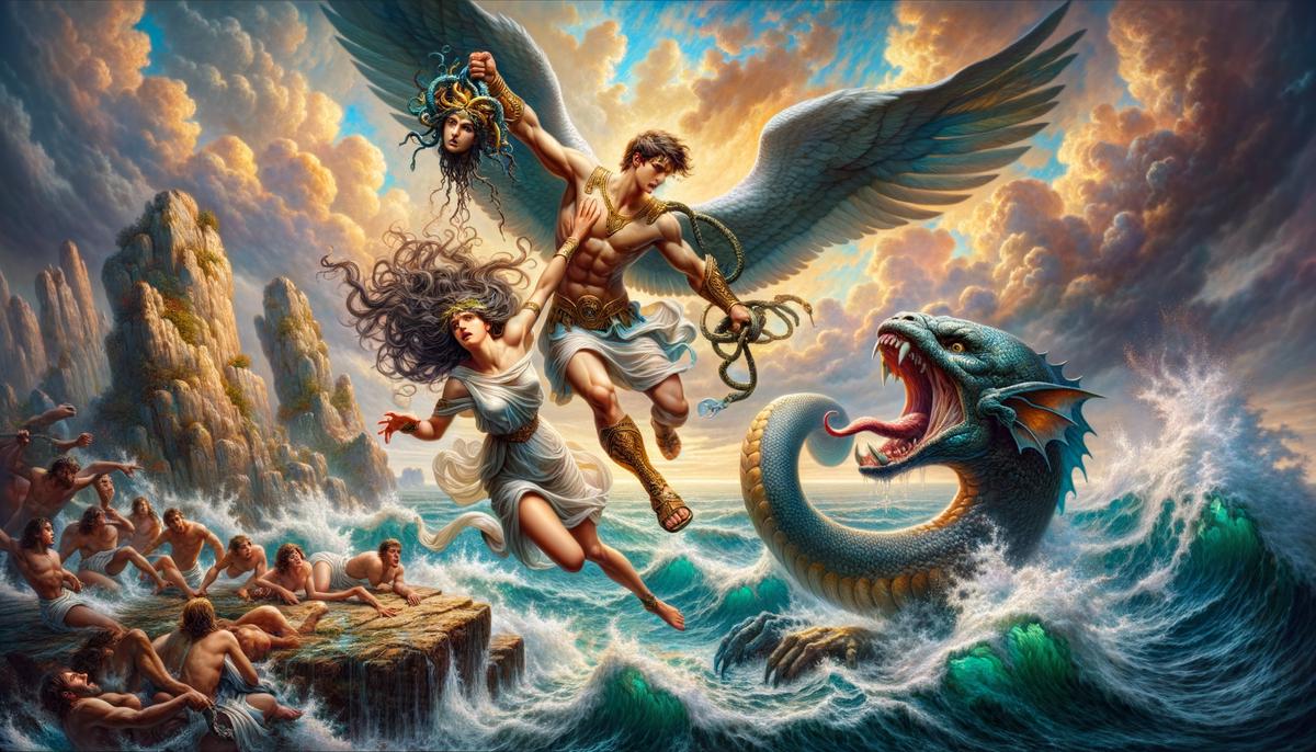 Perseus flying to rescue Andromeda from the sea monster Cetus