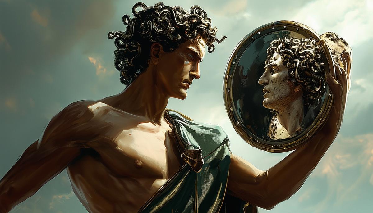 Perseus holding the severed head of Medusa, with his reflection visible in his polished shield