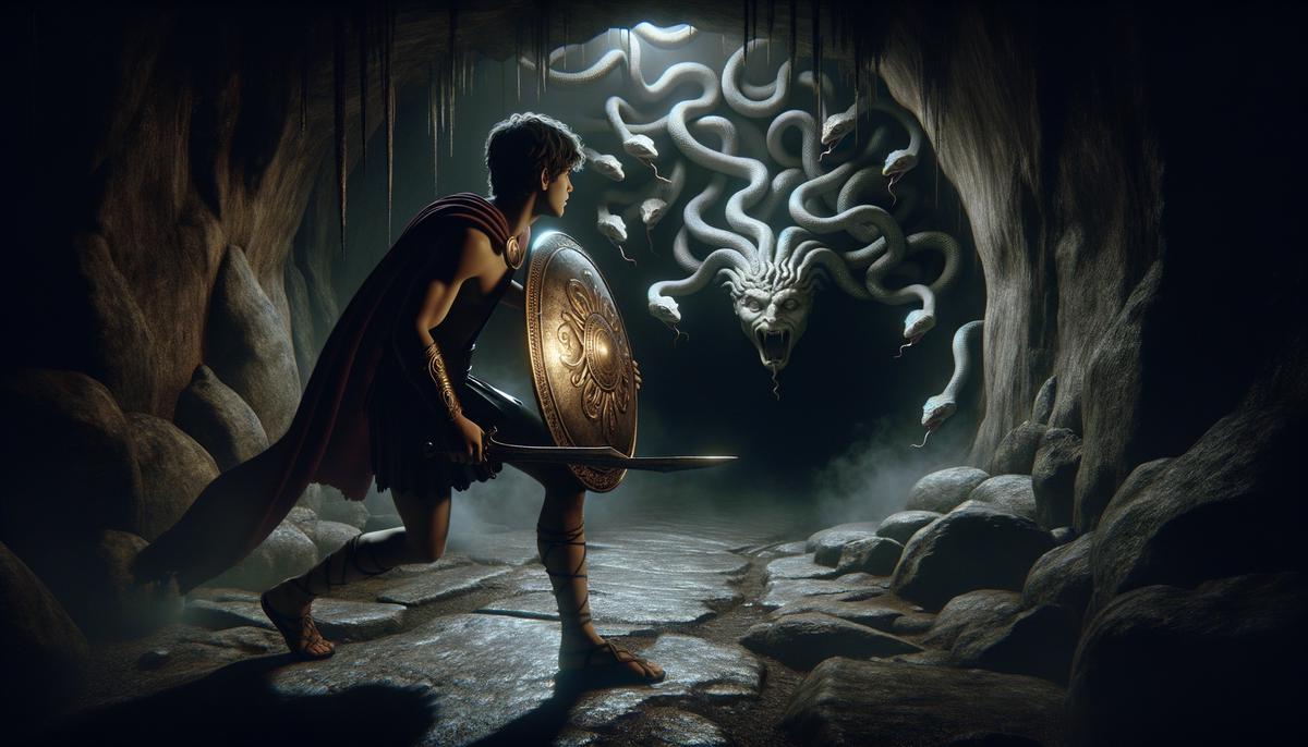 Perseus holding up Athena's reflective shield, approaching Medusa's lair cautiously
