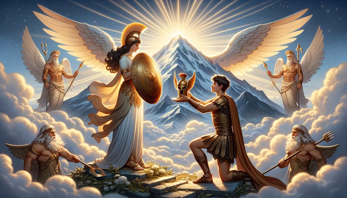Perseus receiving gifts from Greek gods Athena and Hermes