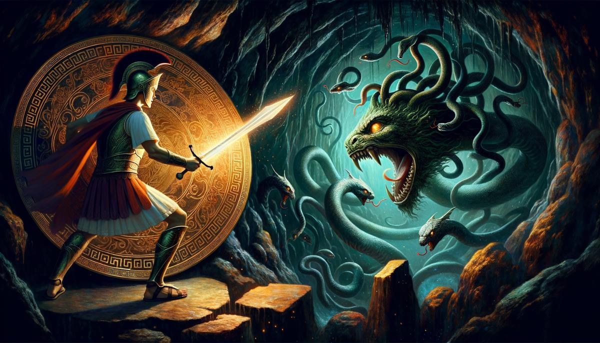Perseus wielding his divine gifts as he confronts Medusa in a dark, foreboding cave