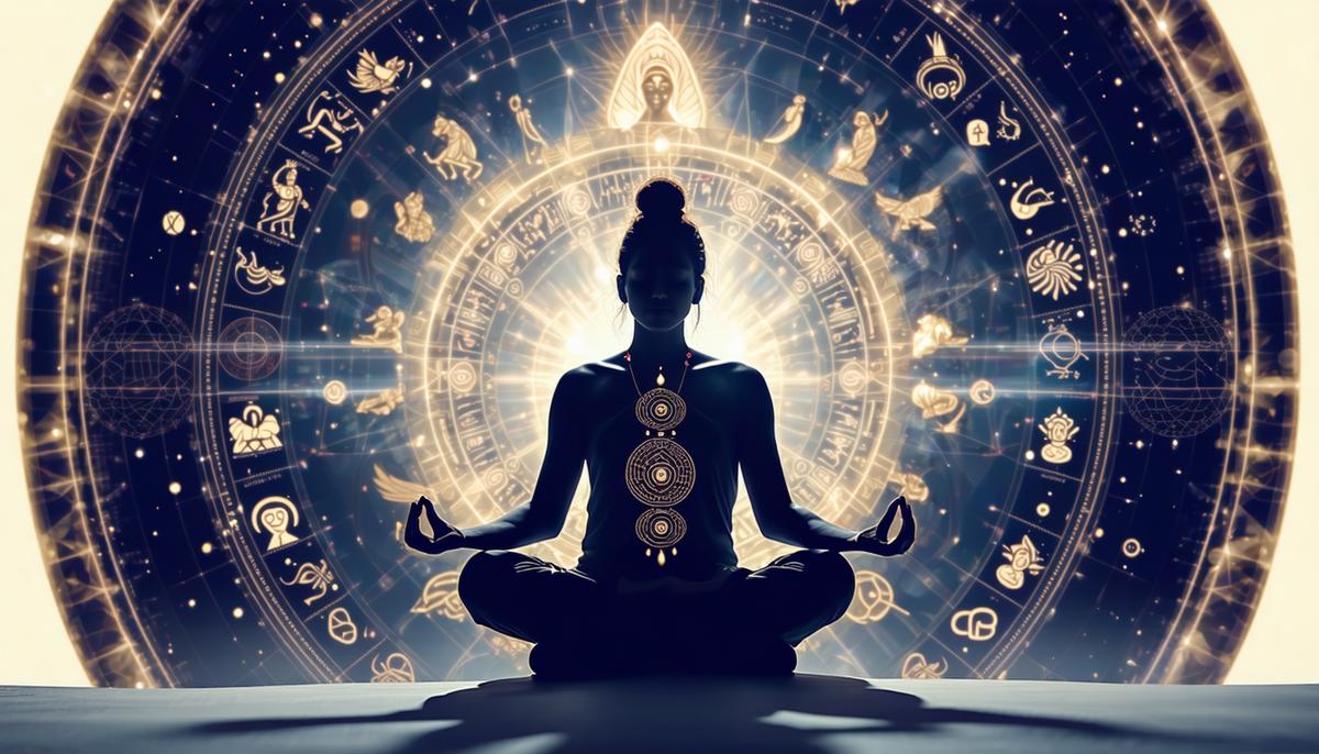 Person meditating surrounded by mythological goddess symbols