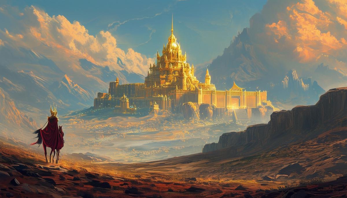 Phaethon on a long journey through rugged terrains towards a shining palace in the distance