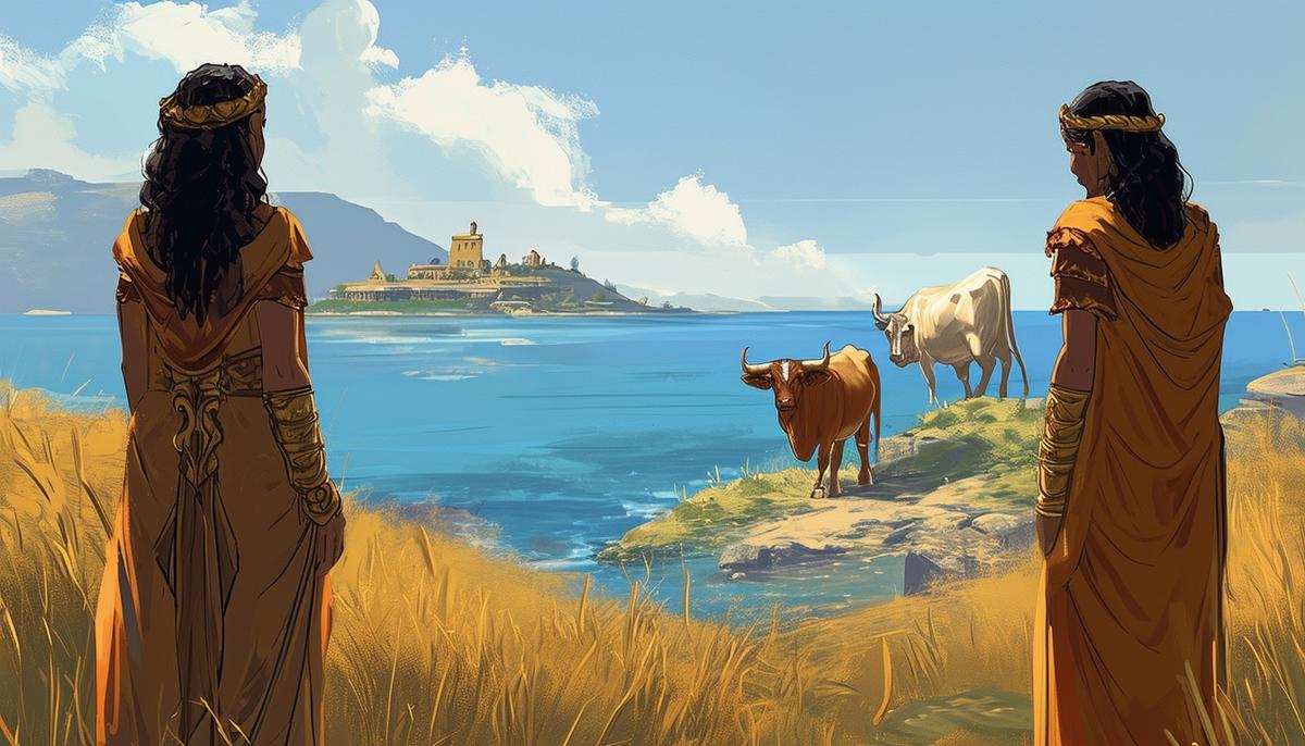 Phaethusa and her sister Lampetia vigilantly guarding their father Helios' sacred cattle on the island of Thrinacia