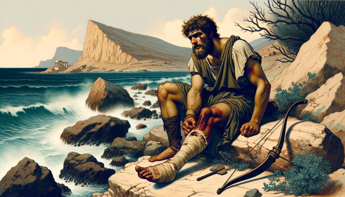 Philoctetes lies on the rocky shore of Lemnos, his wounded foot bound in tattered cloth. His face is contorted in pain and despair as he grapples with his abandonment. His famous bow lies beside him, a reminder of his heroic past and the destiny that still awaits him.