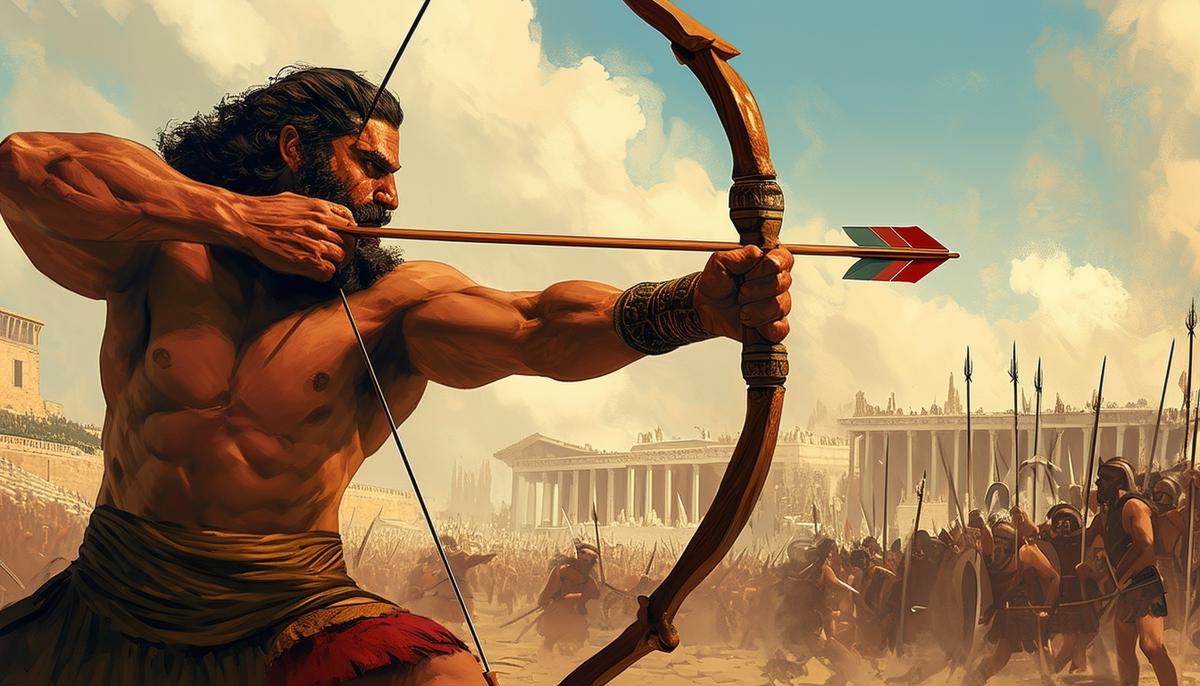 Philoctetes, with fierce determination, draws his bow and takes aim at Paris during the Trojan War. The arrow, poised to strike, symbolizes the turning tide of the battle and Philoctetes' crucial role in securing victory for the Greeks.