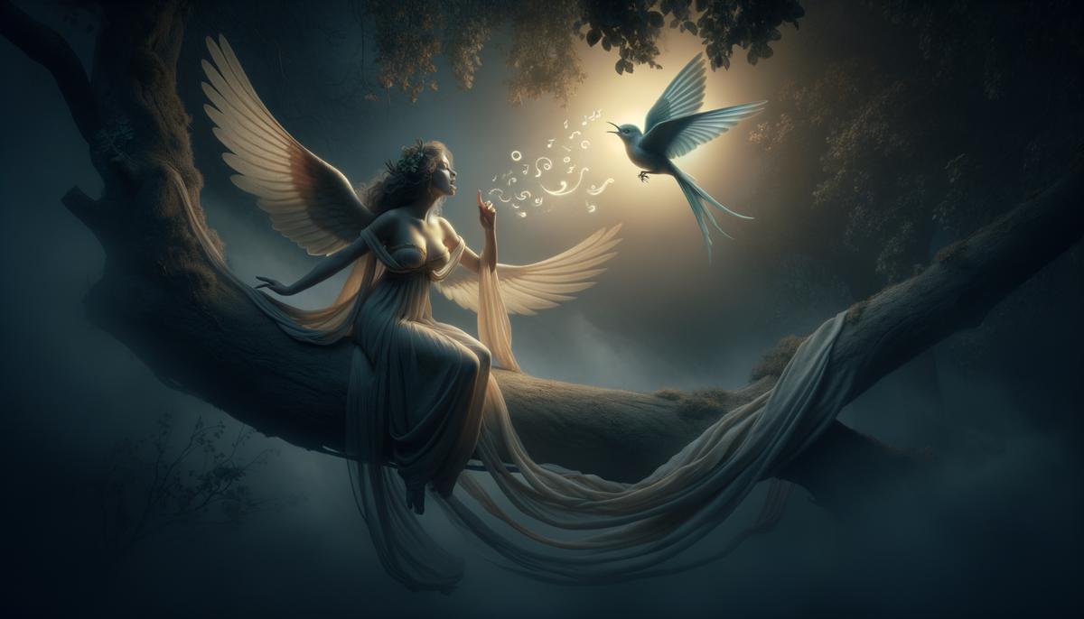 Philomela in the process of transforming into a nightingale, her human features blending with the bird's as she prepares to take flight and fill the night with her melancholy song.