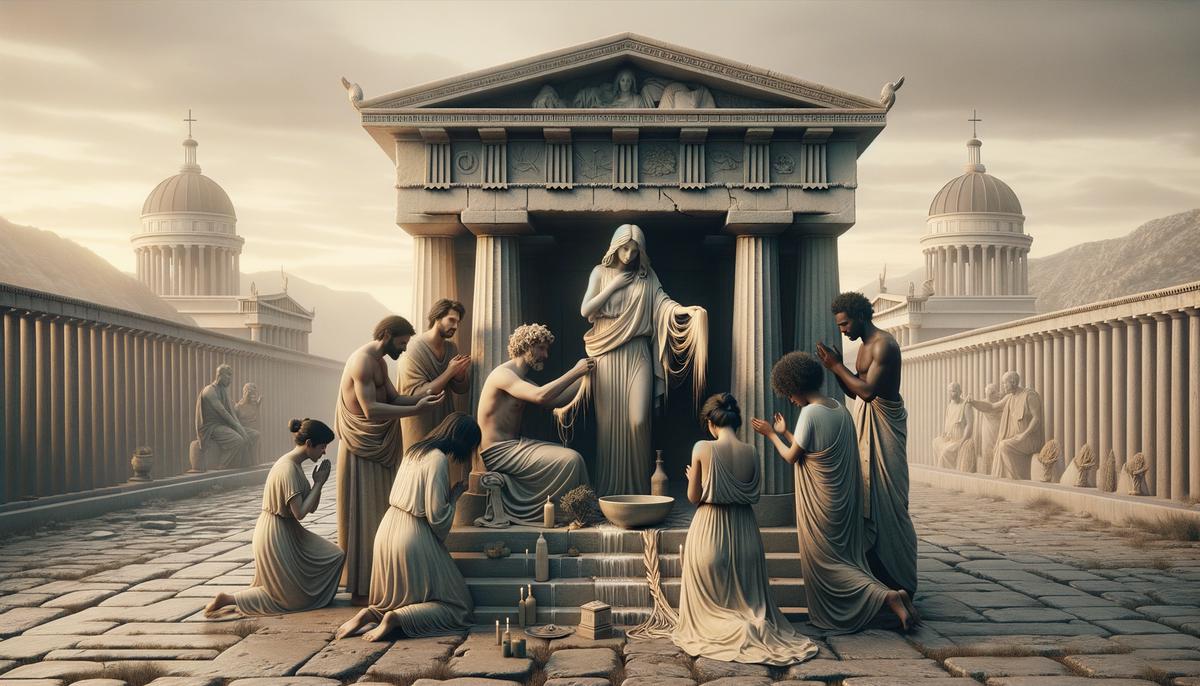 Photo of a humble altar dedicated to Eleos in ancient Athens, with people offering tears and locks of hair