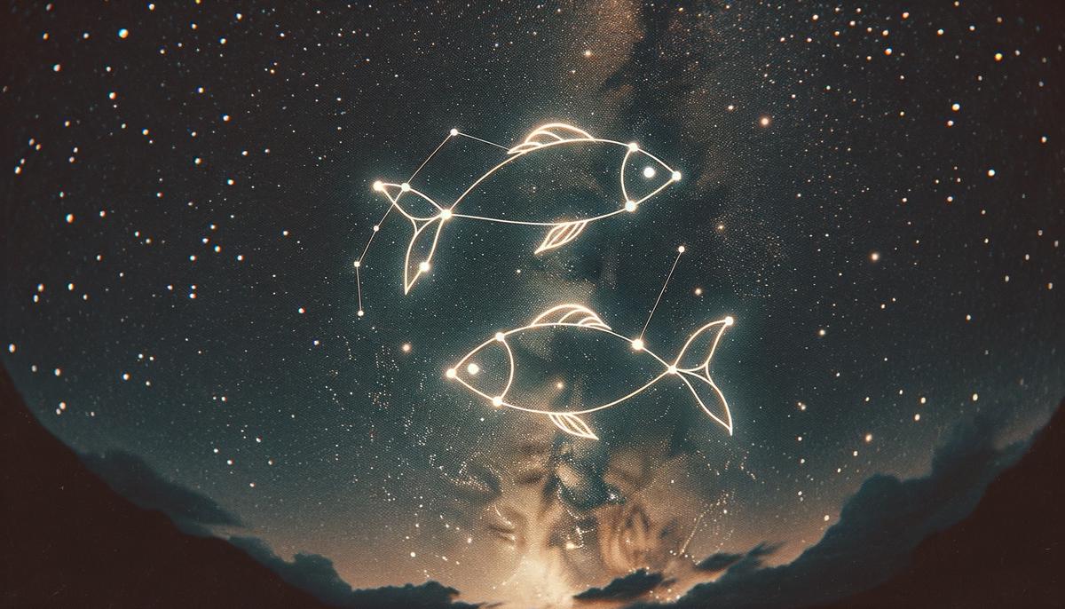 Pisces constellation with two fish shapes connected by a ribbon of stars