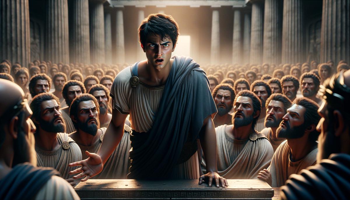 Polynices, a young Greek man, passionately persuading the Argive princes to join his cause against his brother Eteocles in Thebes