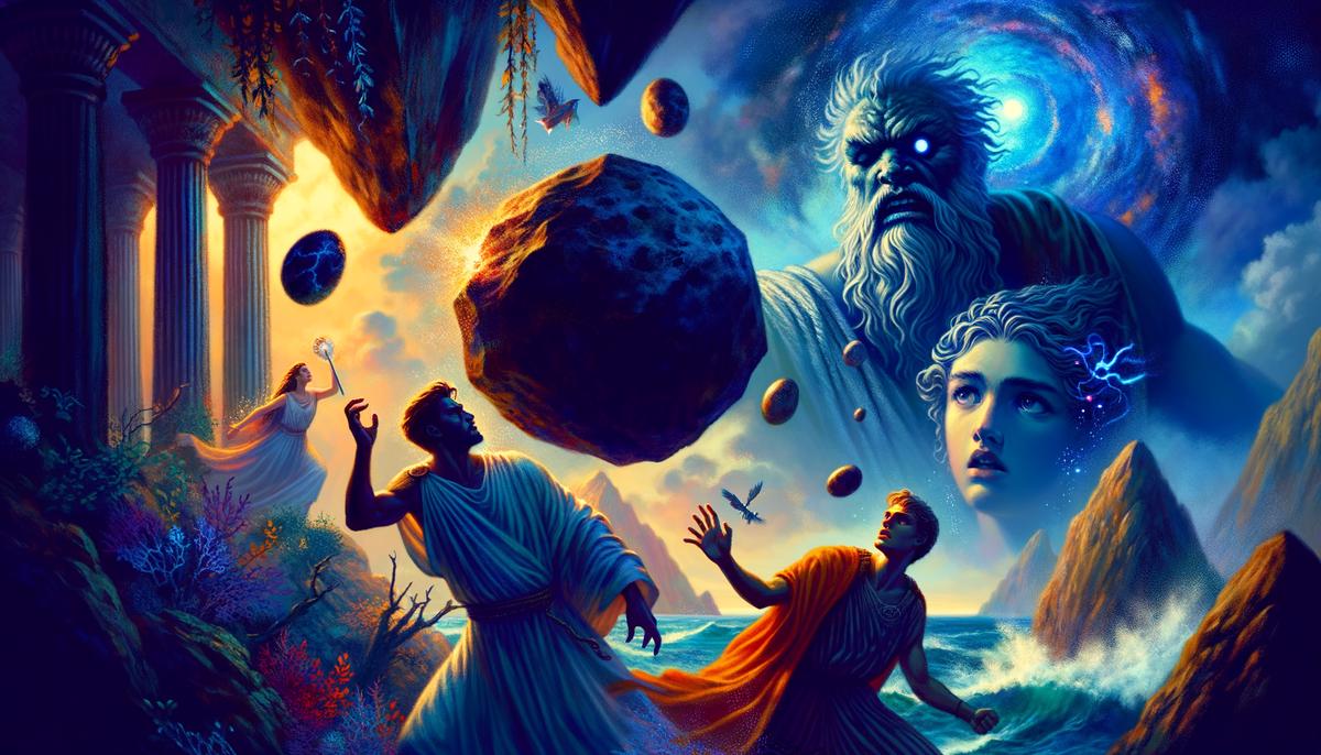 Polyphemus, a giant Cyclops, hurling a boulder at Acis in a fit of jealous rage, while Galatea looks on in horror