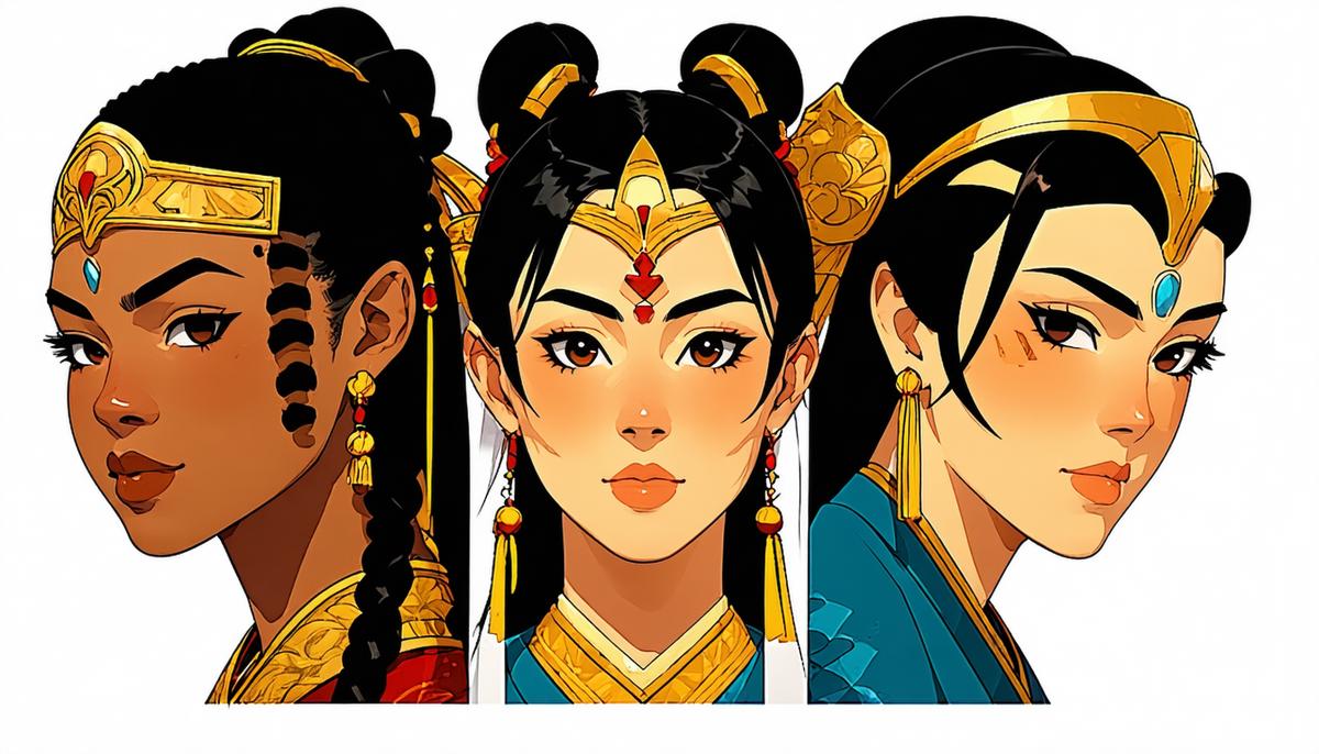 Portraits of Hippolyta, Kaikeyi, Hervor, and Tomoe Gozen