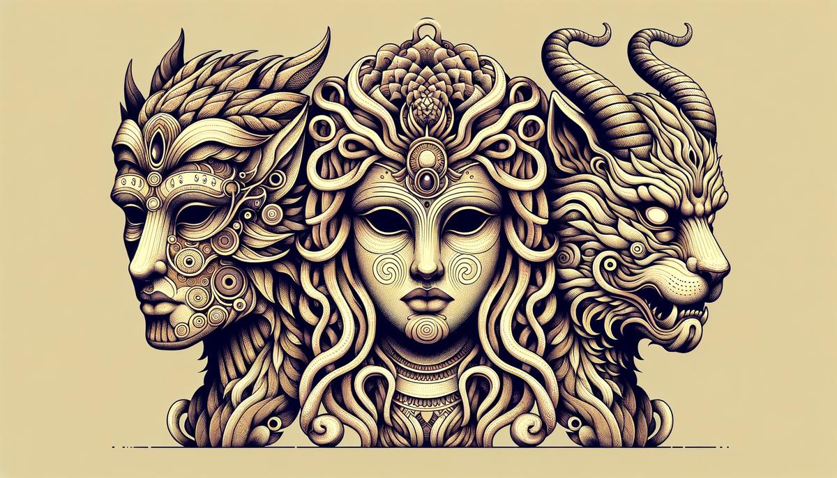 Portraits of the Sphinx, Lamia, and Chimera with complex expressions