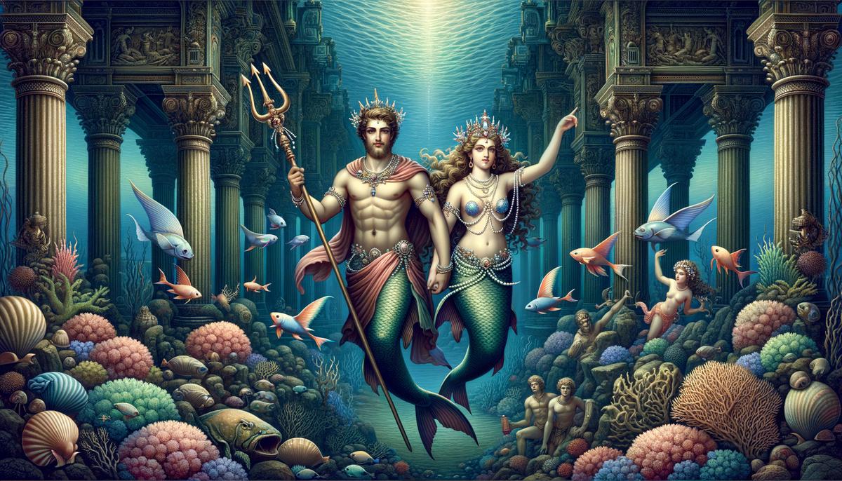 Poseidon and Amphitrite in their underwater palace, surrounded by sea creatures and treasures