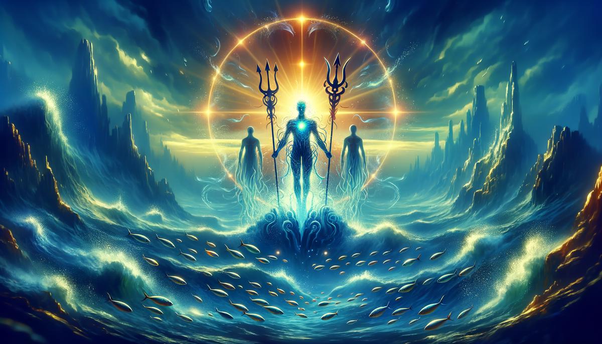 Poseidon appearing before Thoosa in an undersea valley, surrounded by shimmering fish.
