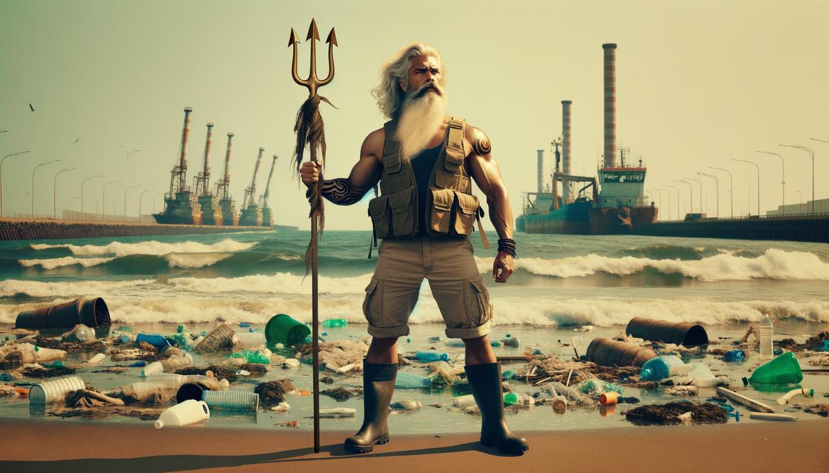 Poseidon as an environmental activist protesting ocean pollution