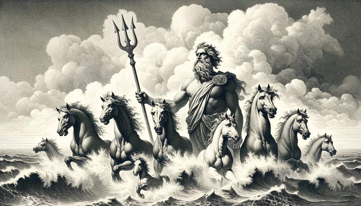 Poseidon conjuring horses from sea foam