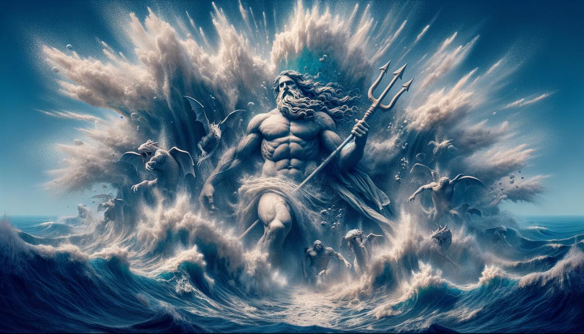 Poseidon emerging from the sea, wielding his trident and creating waves