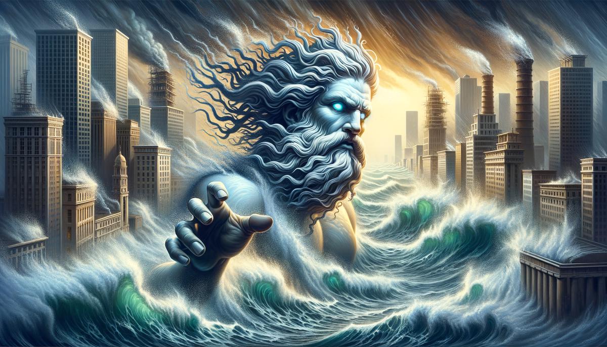 Poseidon rising from stormy seas in a modern coastal city damaged by climate change