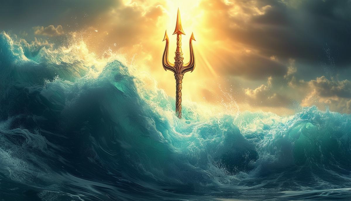 Poseidon's trident emerging from turbulent ocean waves, with its three prongs gleaming in the sunlight