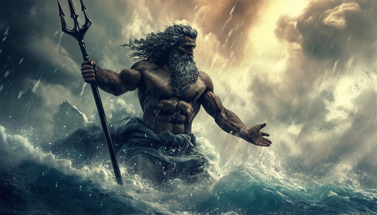 Powerful image of Poseidon rising from a stormy sea, wielding his trident