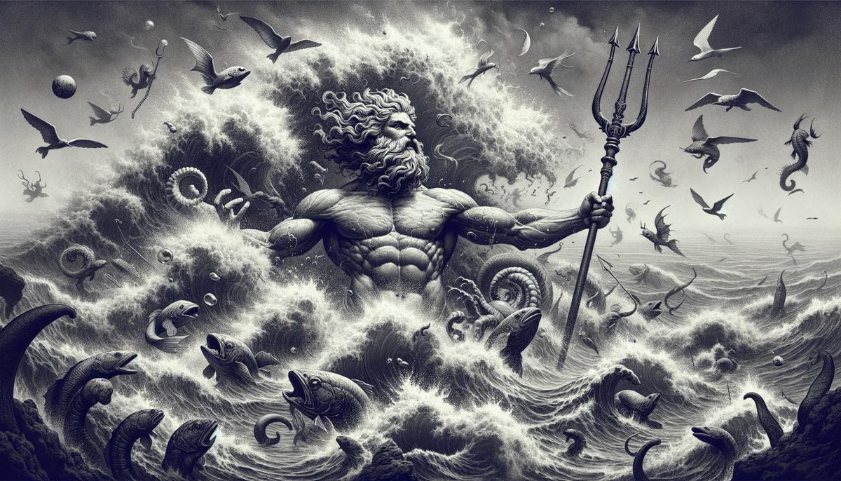 Powerful Poseidon emerging from the sea, wielding his trident and surrounded by crashing waves