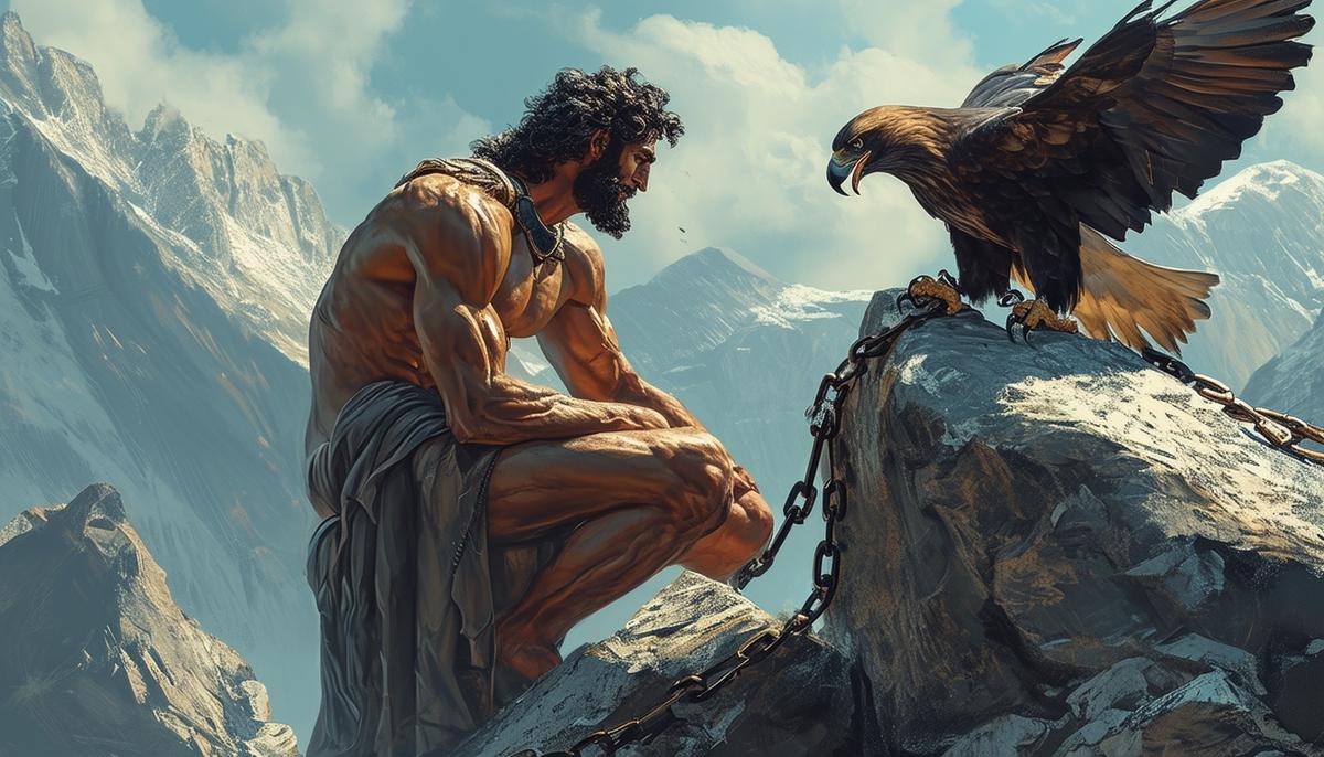 Prometheus, a Titan, chained to a rock in the Caucasus Mountains, with an eagle eating his liver as punishment from Zeus