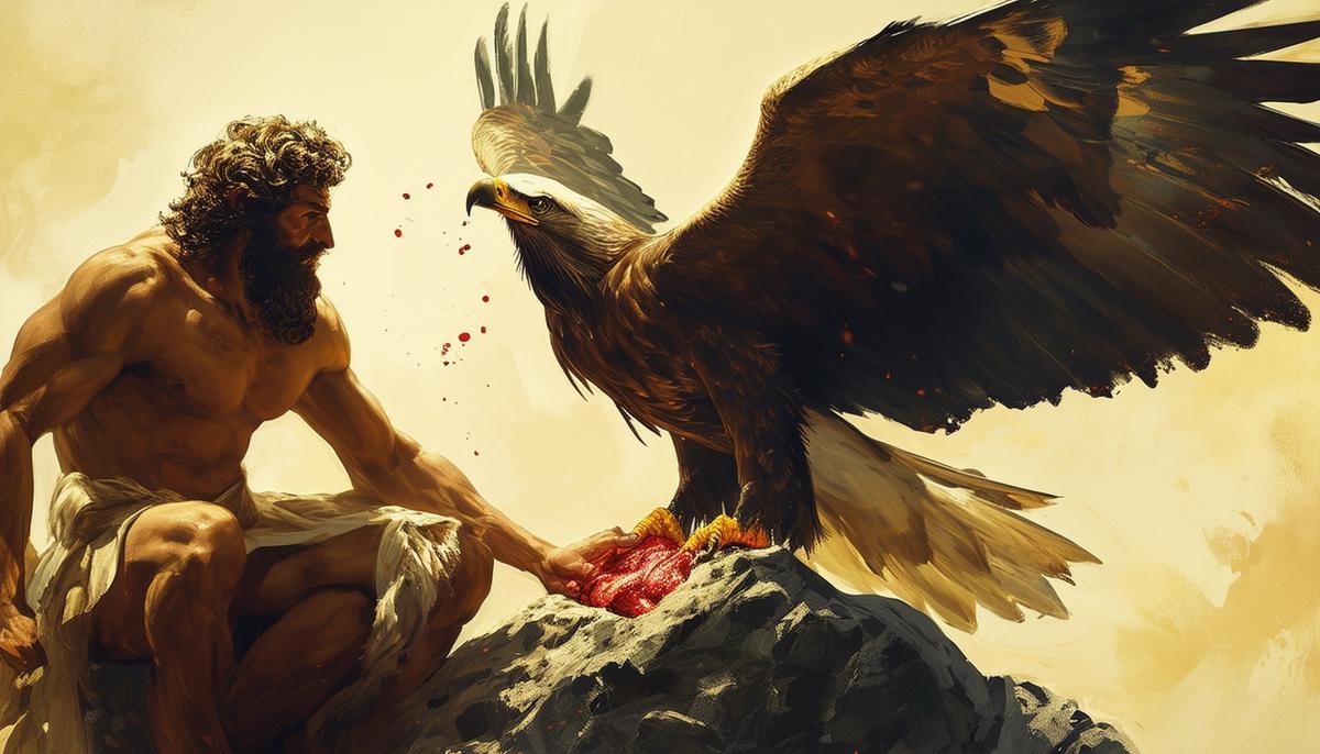 Prometheus bound to a rock as an eagle devours his liver as punishment from Zeus