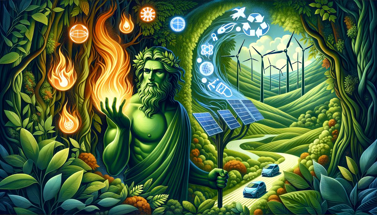 Prometheus holding a flame transforming into various green technologies
