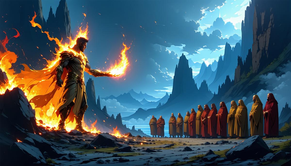 Prometheus secretly handing a glowing flame to a group of awestruck humans