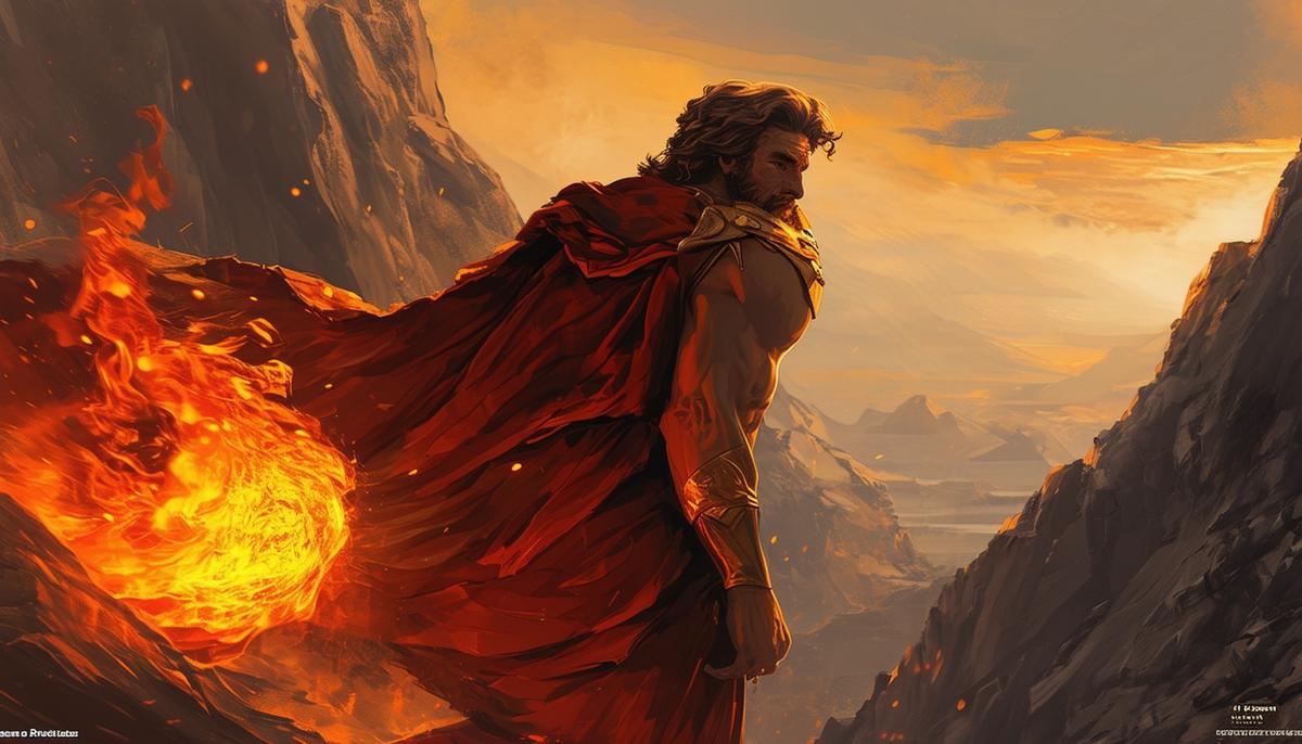 Prometheus sneaking away from Mount Olympus with a stolen flame, looking over his shoulder