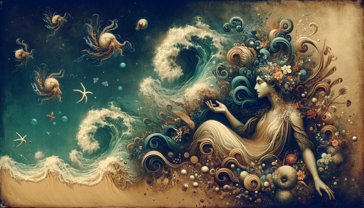 Psamathe, a Greek sea nymph, symbolizing the duality of the ocean as both nurturing and dangerous, and the fluidity of life