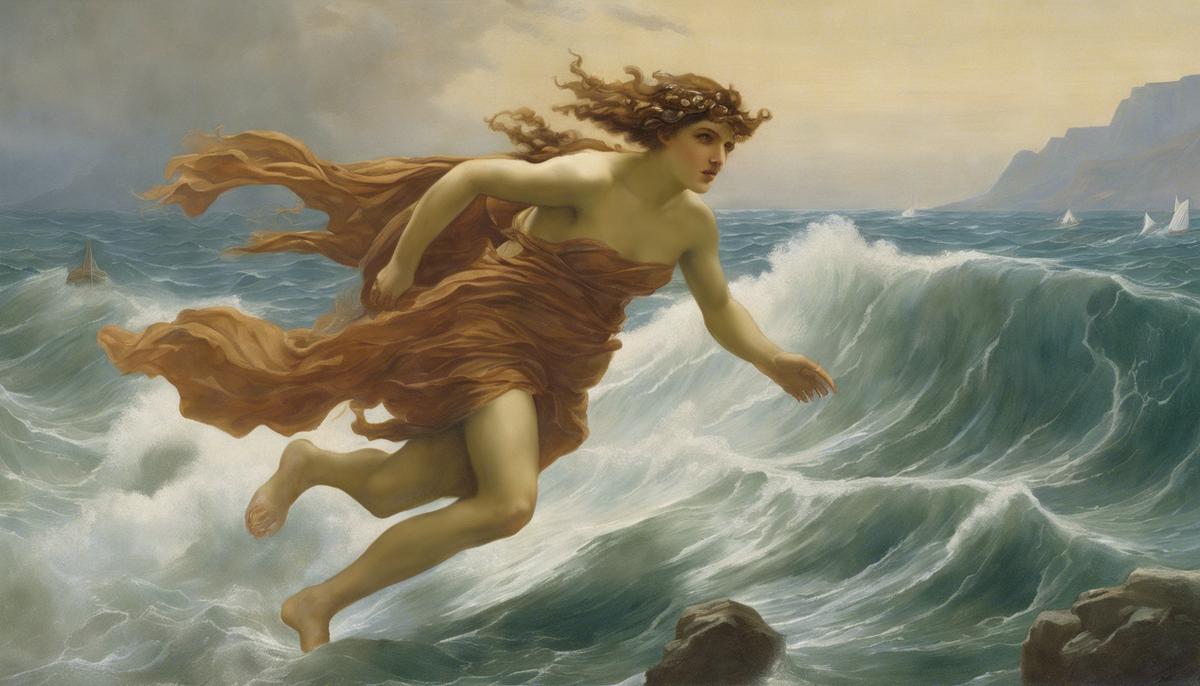 Psamathe, a sea nymph, fleeing from the advances of King Aeacus on the island of Aegina in an ancient Greek myth