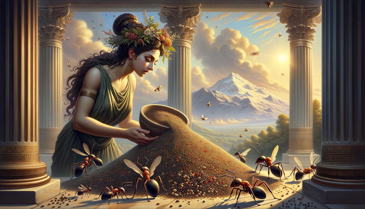 Psyche completing one of her impossible tasks set by Venus, with magical helpers assisting her