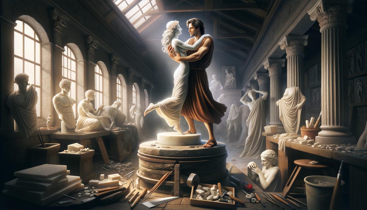 Pygmalion embracing the statue of Galatea as it comes to life